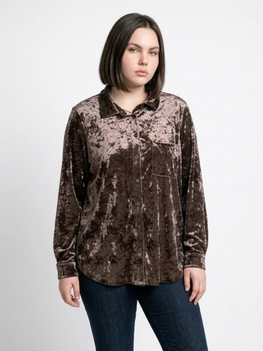 Crushed Velvet Button Up Shirt Size 1X Taupe Brown Boho Artsy Retro Whimsigoth - Picture 3 of 14